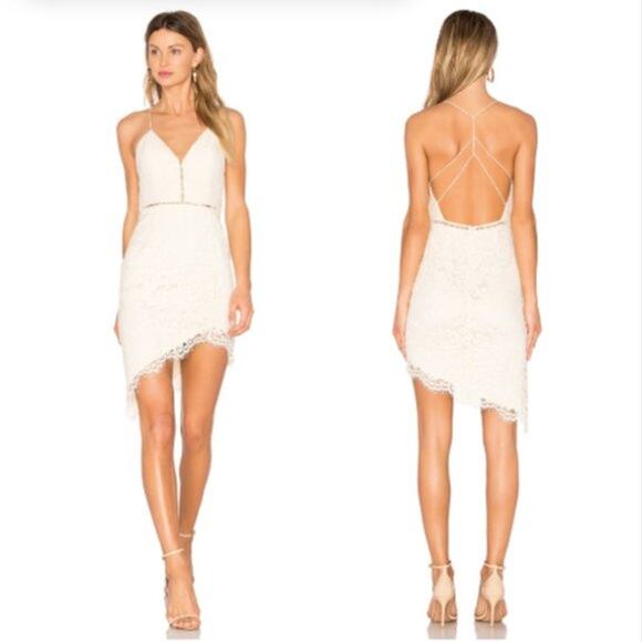 NBD Dresses & Skirts - NBD Revolve Cream Only Yours Lace Asymmetrical Strappy Back Mini Dress XS